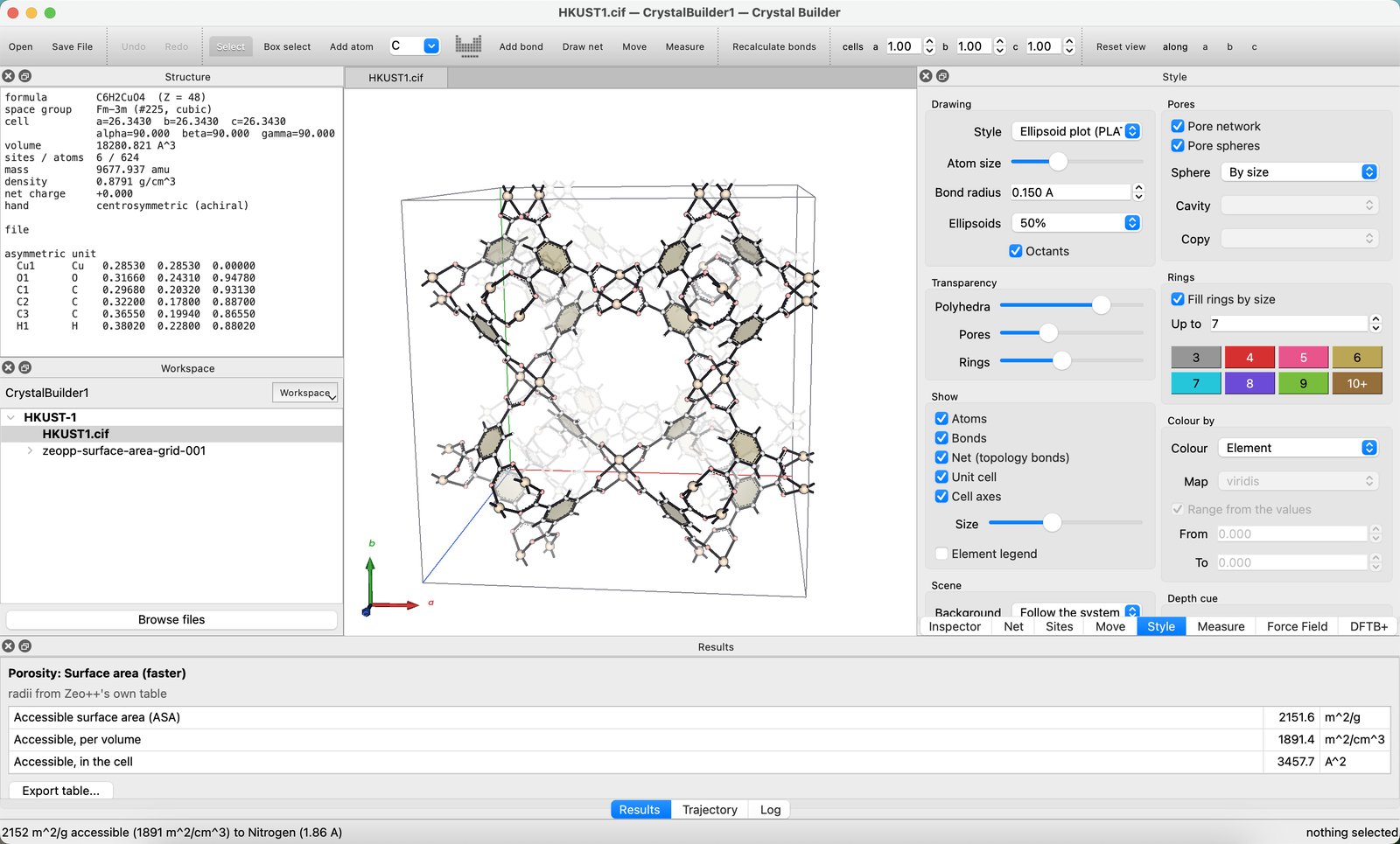 The Crystal Builder window with HKUST-1 open: structure and workspace panels on the left, the 3D view with pores and rings in the middle, style controls on the right, and a surface-area result below